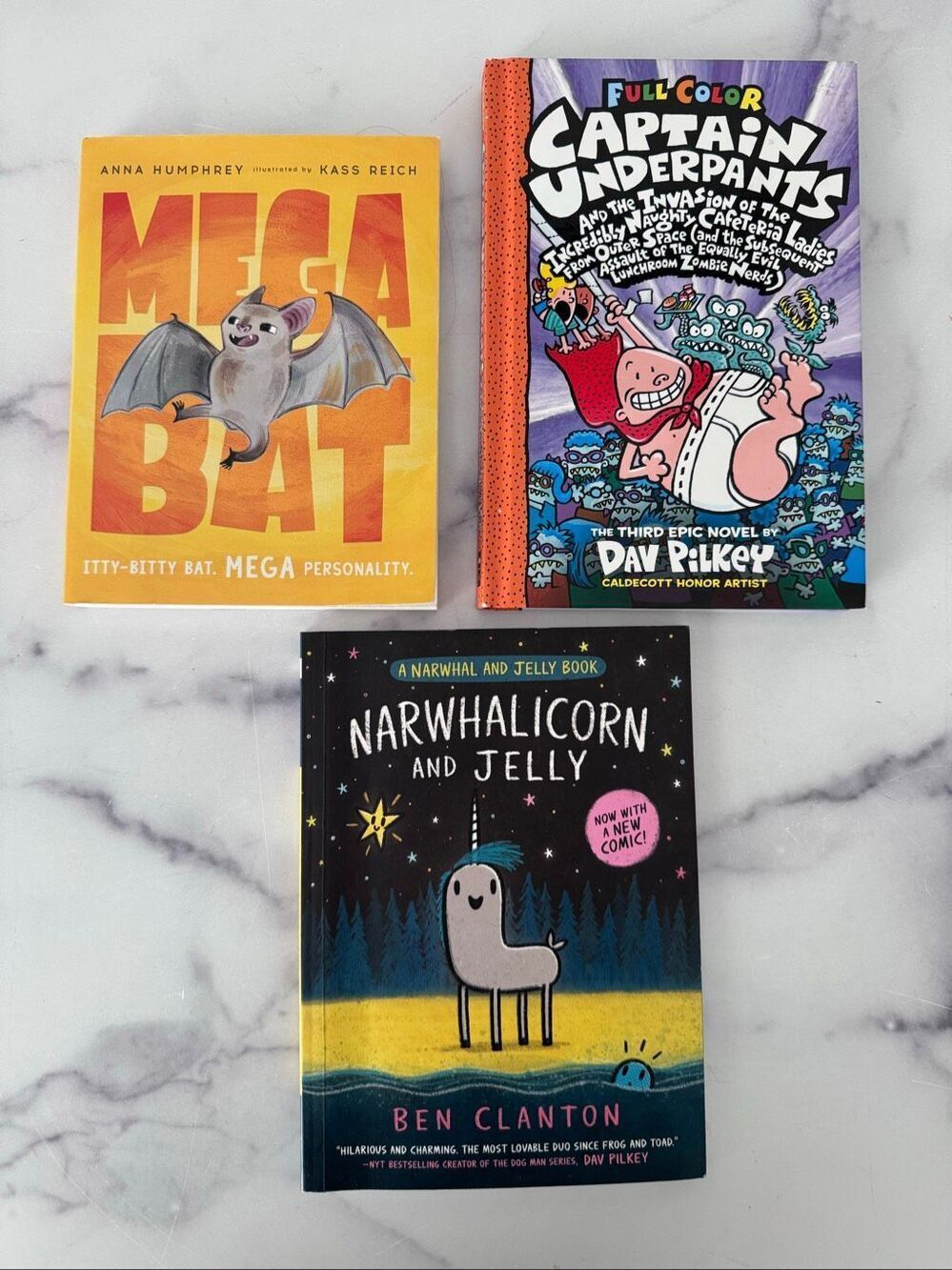 Captain Underpants Mega Bat Narwahlicorn Jelly  Book bundle of 3 books children’